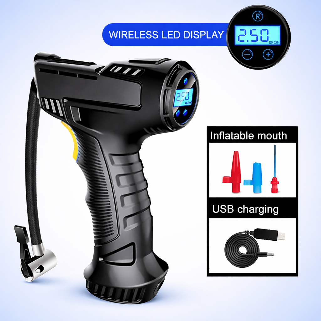 Cordless tyre inflator LED display and auto-stop controls