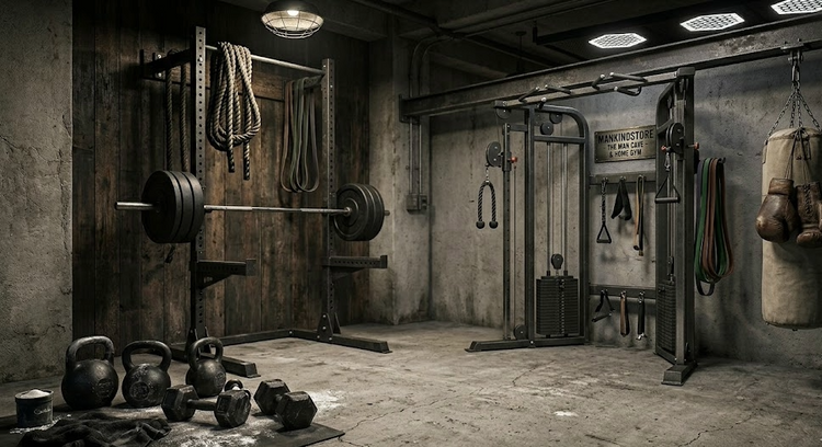 Professional-grade power racks and fitness equipment for a Man Cave & Gym setup.