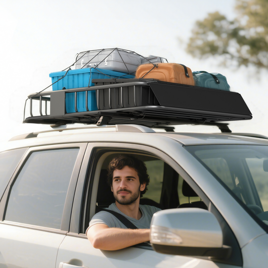 Man driving a car with a roof rack loaded with luggage