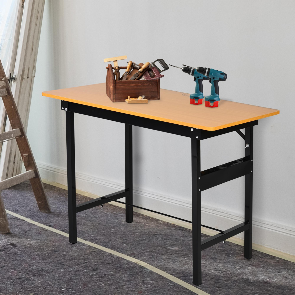 Folding workbench set up for use in a garage
