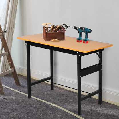 Folding workbench set up for use in a garage