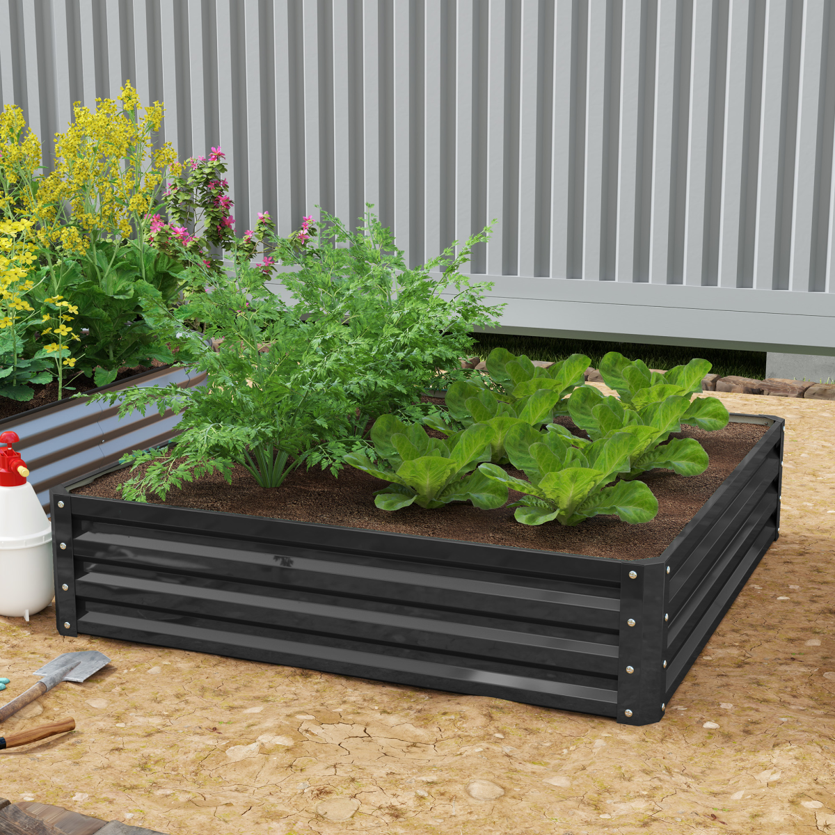 raised garden bed planted with vegetables in use