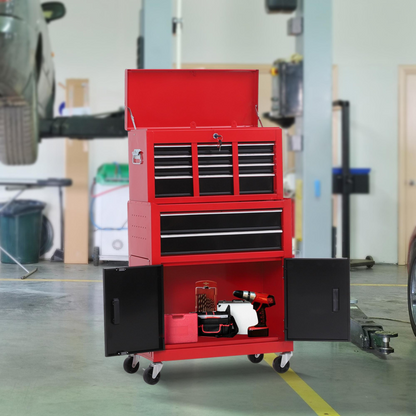 Roller tool cabinet with six drawers open