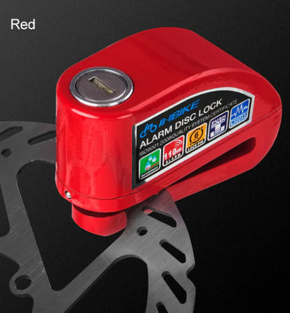 INBIKE Impact-Sensing Disc Brake Lock immobilizes wheels with a 110dB alarm, shown here in red.