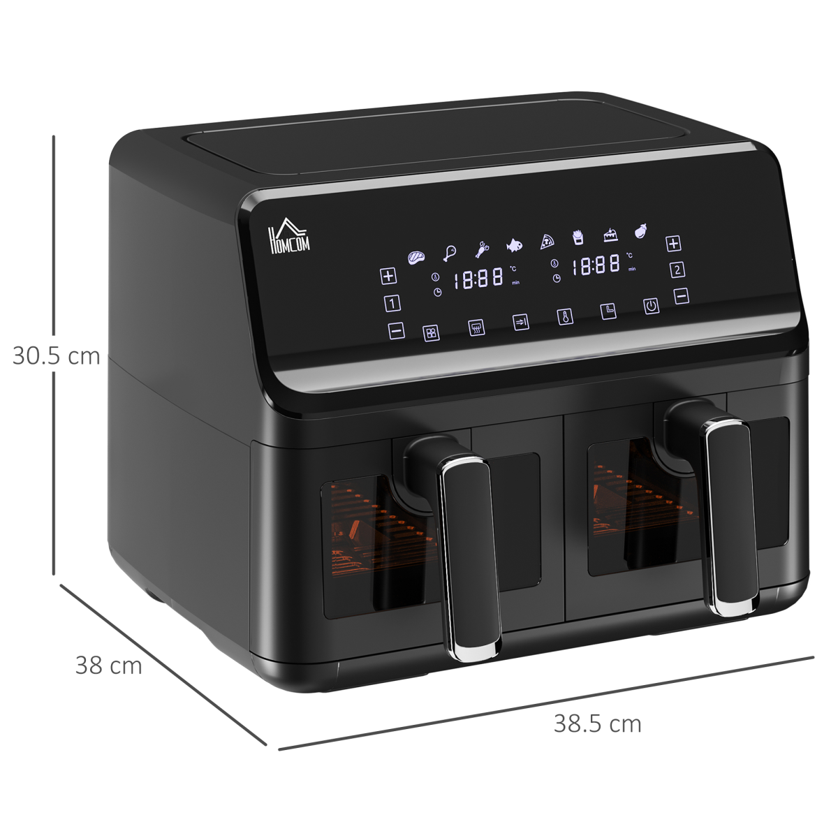 dual-zone air fryer touchscreen control panel close-up