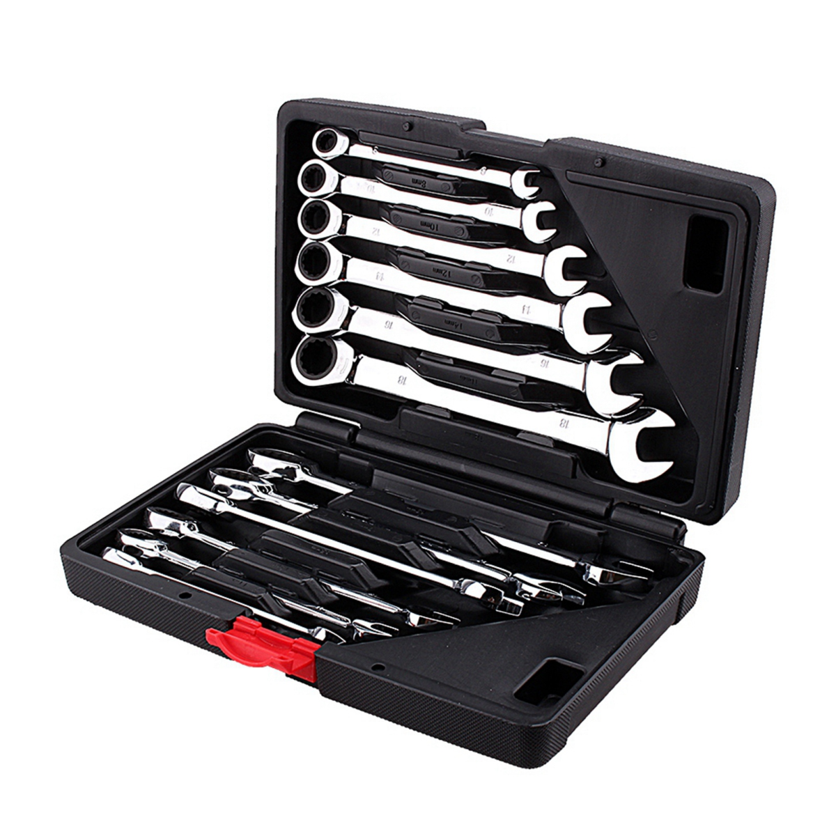 ratchet spanner set sizes 8-19mm laid out
