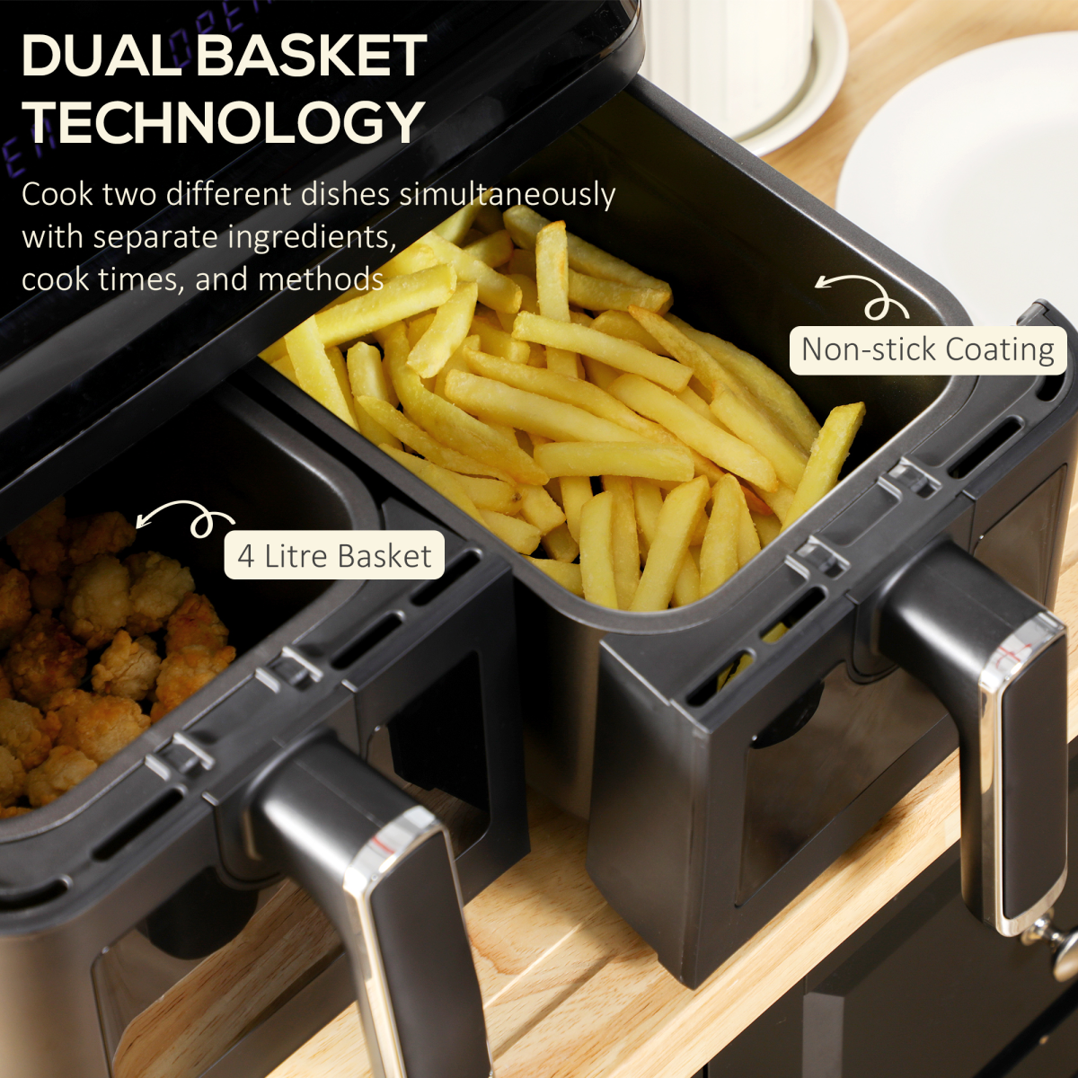 dual-zone air fryer in use cooking two dishes