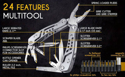 24-in-1 multi-tool folding pliers and 11-bit driver kit in silver