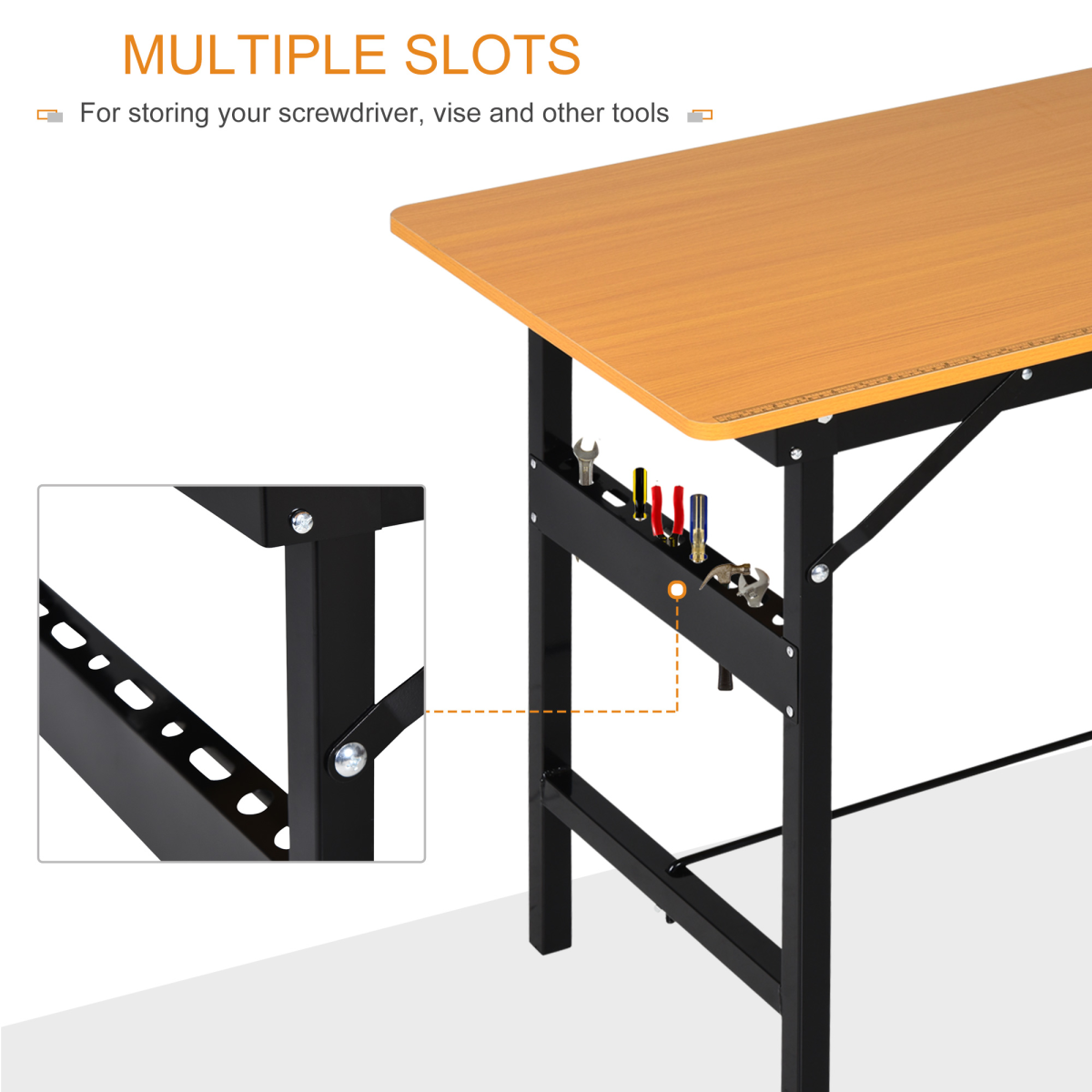 Folding workbench tool slots on the frame
