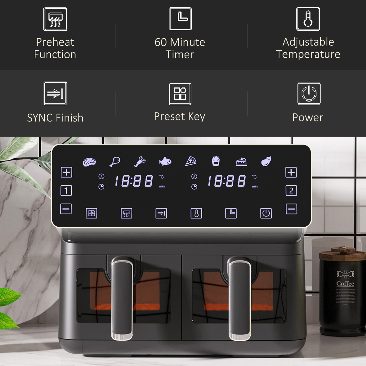 dual-zone air fryer on kitchen counter side profile