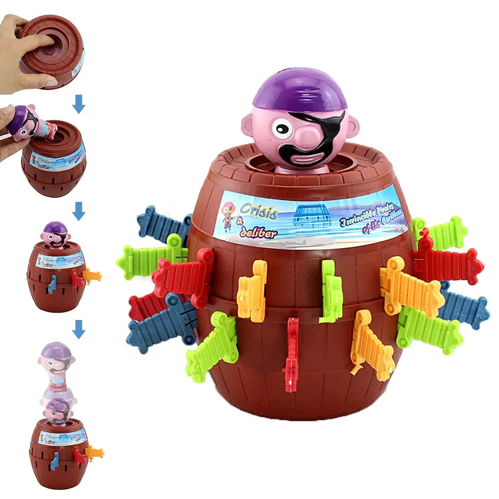A pirate barrel toy game with colorful plastic swords and a figurine of a pirate captain on top. The toy is designed to provide entertainment by allowing players to slide swords into the barrel.
