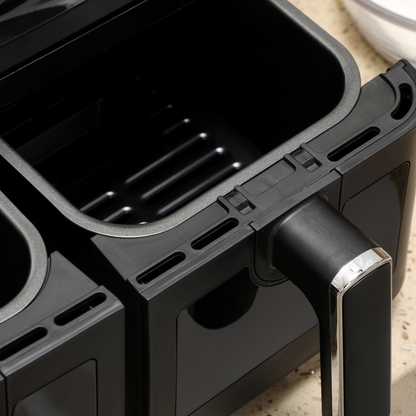 dual-zone air fryer non-stick basket detail