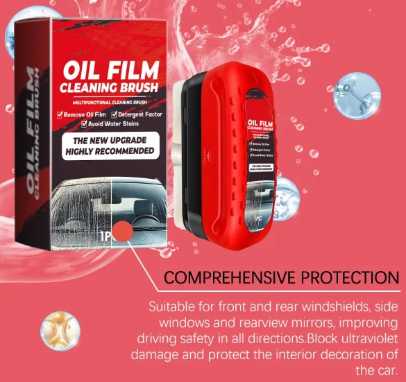 Car glass cleaner & oil film remover brush applicator on windscreen
