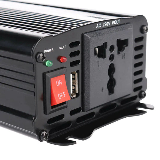 Black power inverter with AC 220V voltage label on a white background