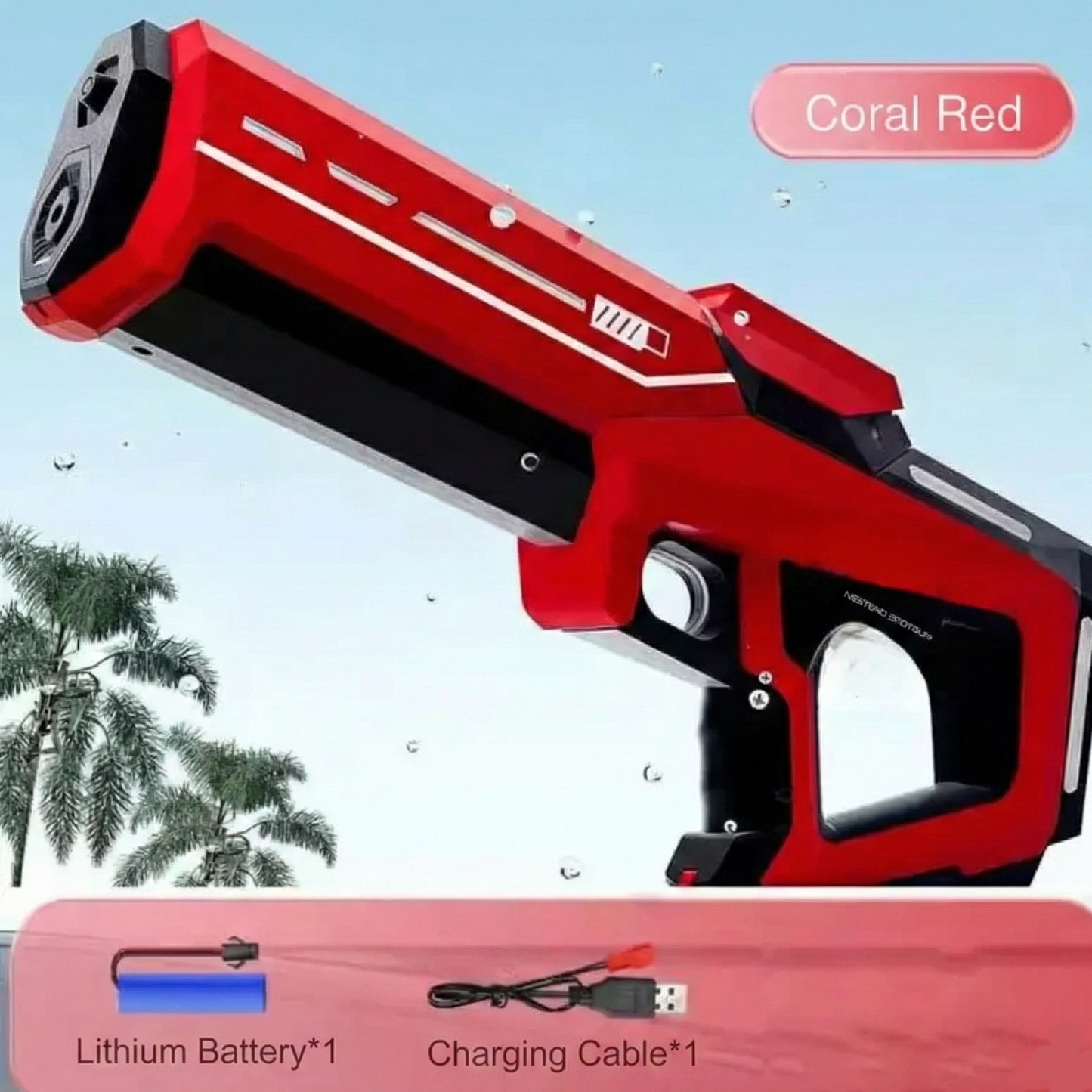 Mk-1 Electric Hydro Blaster in coral red with lithium battery and charging cable.