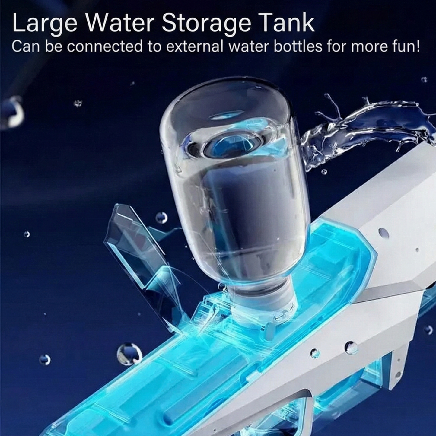 Large water storage tank for Mk-1 Electric Hydro Blaster enhances outdoor fun by connecting to external water bottles.
