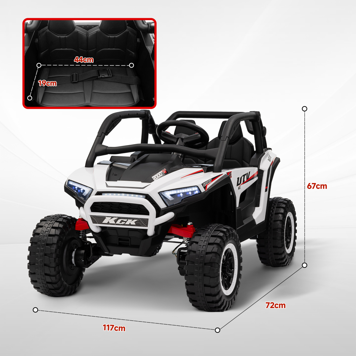 24V Ride On Truck side profile showing chassis dimensions and heavy-duty wheels