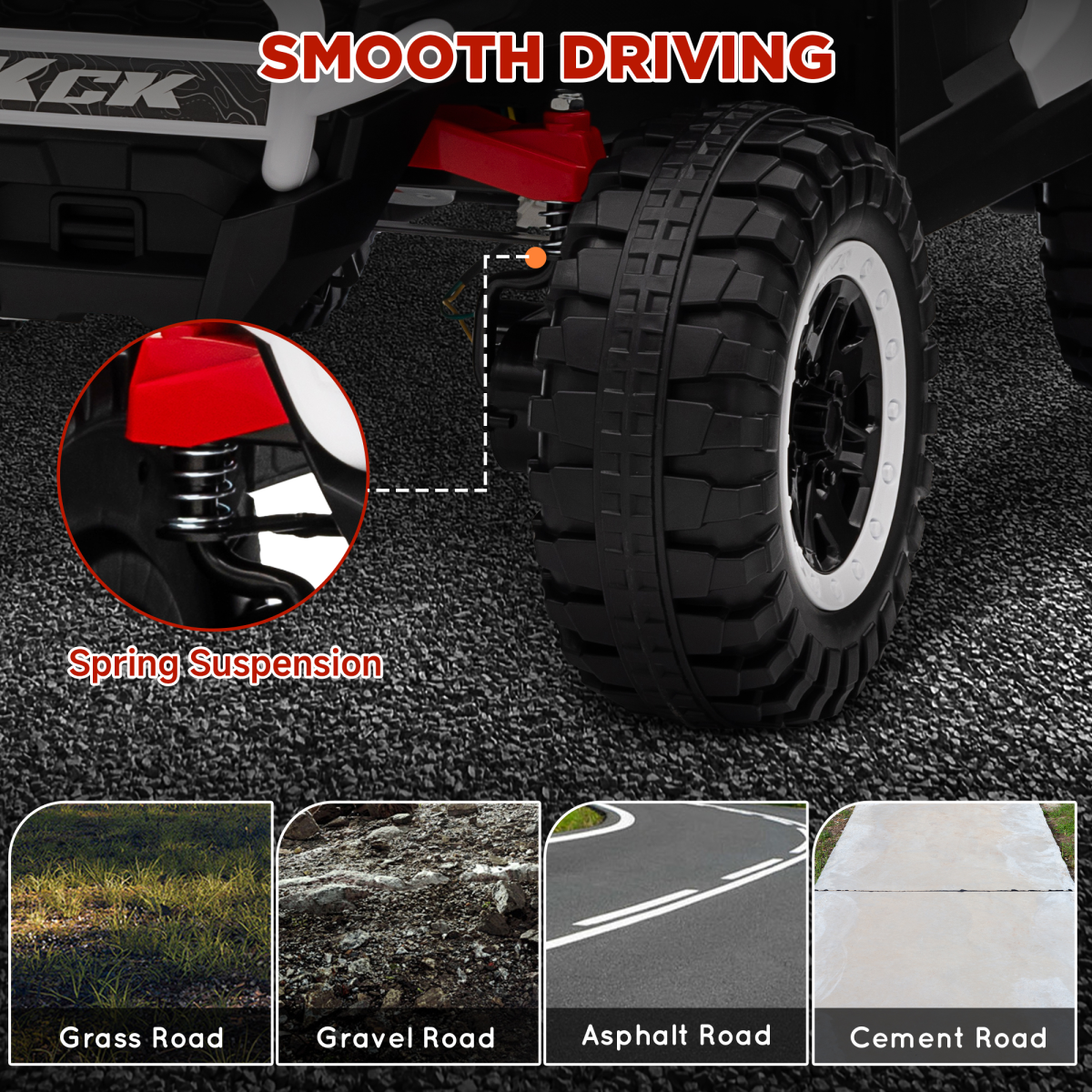 24V Ride On Truck close-up of the smooth driving spring suspension on various terrain types.