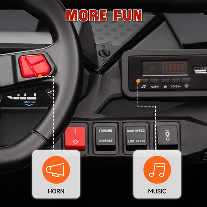 24V Ride On Truck dashboard detail featuring the horn, music, and control panel for more fun.