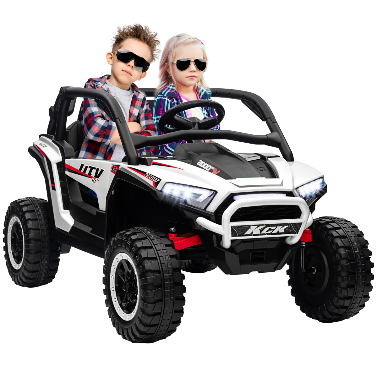 24V Ride On Truck - Two kids in a 2-seater off-road UTV.