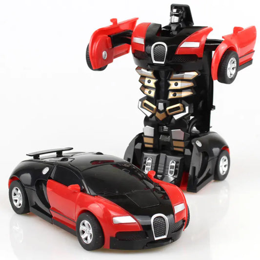 Transforming toy car with robot figure on a white background