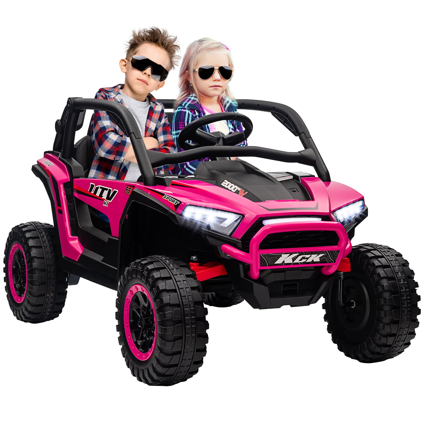 24V Ride On Truck - Pink edition with kids showcasing outdoor adventure.