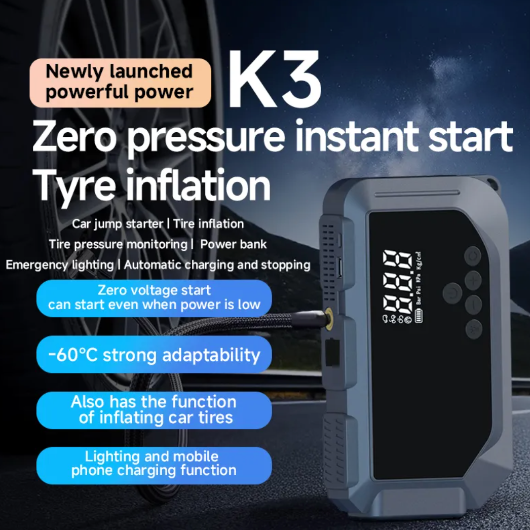 3-in-1 Car Jump Starter, Air Compressor & Tyre Inflator — 12V, 150PSI