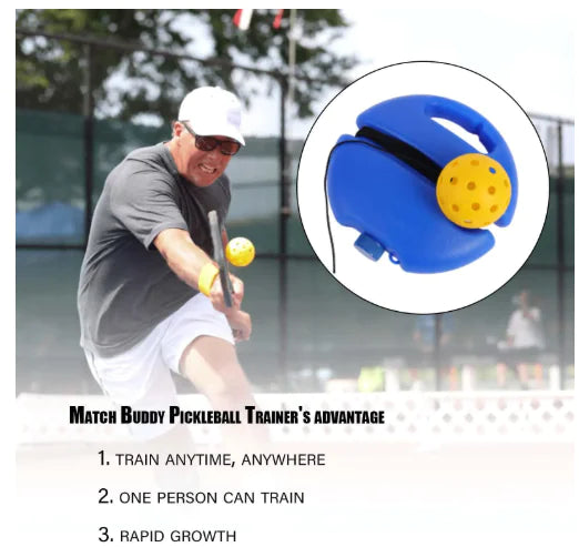 Person playing pickleball with a close-up of a pickleball training device on a sports court.