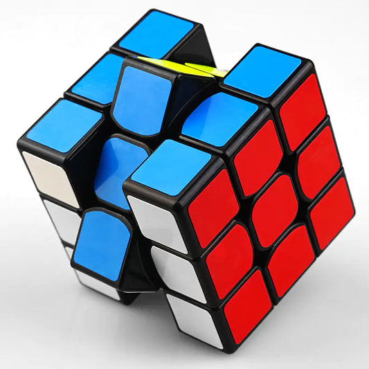 Twisted Rubik's Cube with blue, red, and white sides on a light gray background