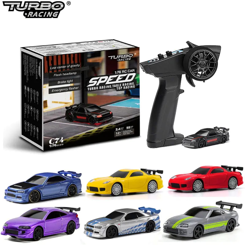A collection of Turbo Drift RC Cars with different colors displayed alongside the remote control transmitter and the product packaging box.