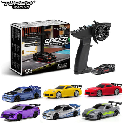 A collection of Turbo Drift RC Cars with different colors displayed alongside the remote control transmitter and the product packaging box.