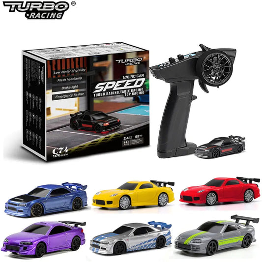 A collection of Turbo Drift RC Cars with different colors displayed alongside the remote control transmitter and the product packaging box.