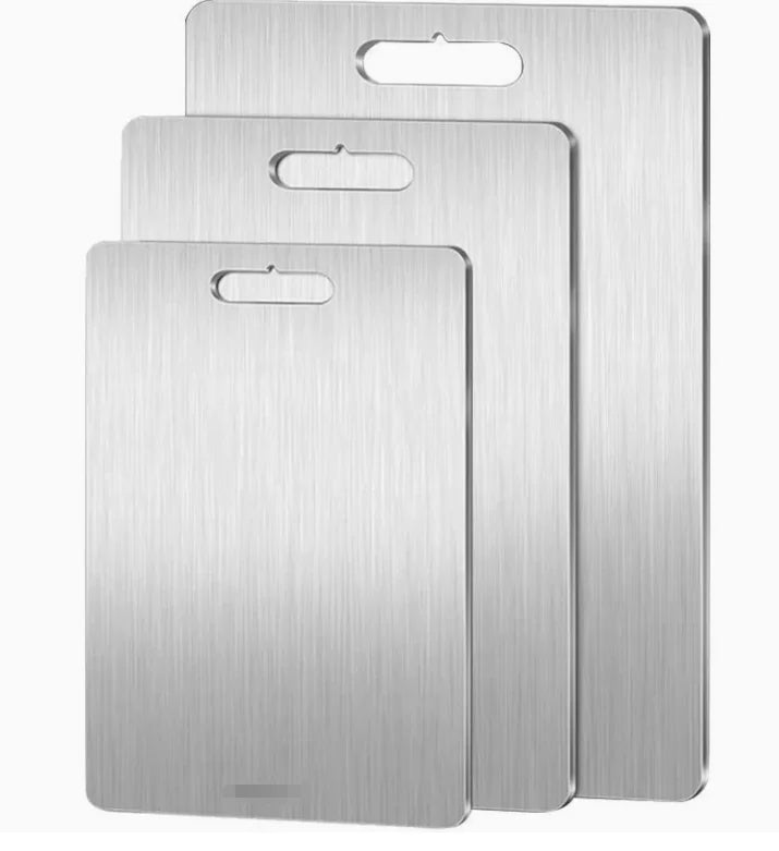 A rectangular titanium cutting board with a handle, displaying dimensions and weight.