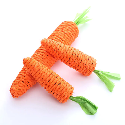 Two orange carrot-shaped toys with green stems on a white background