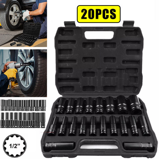 20-piece socket set in a black case with usage examples on a white background