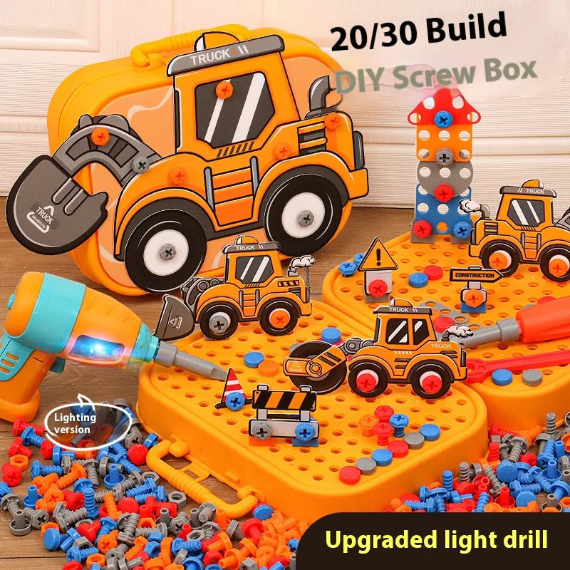 Toy construction set with truck, building blocks, and screwdriver on a wooden surface.